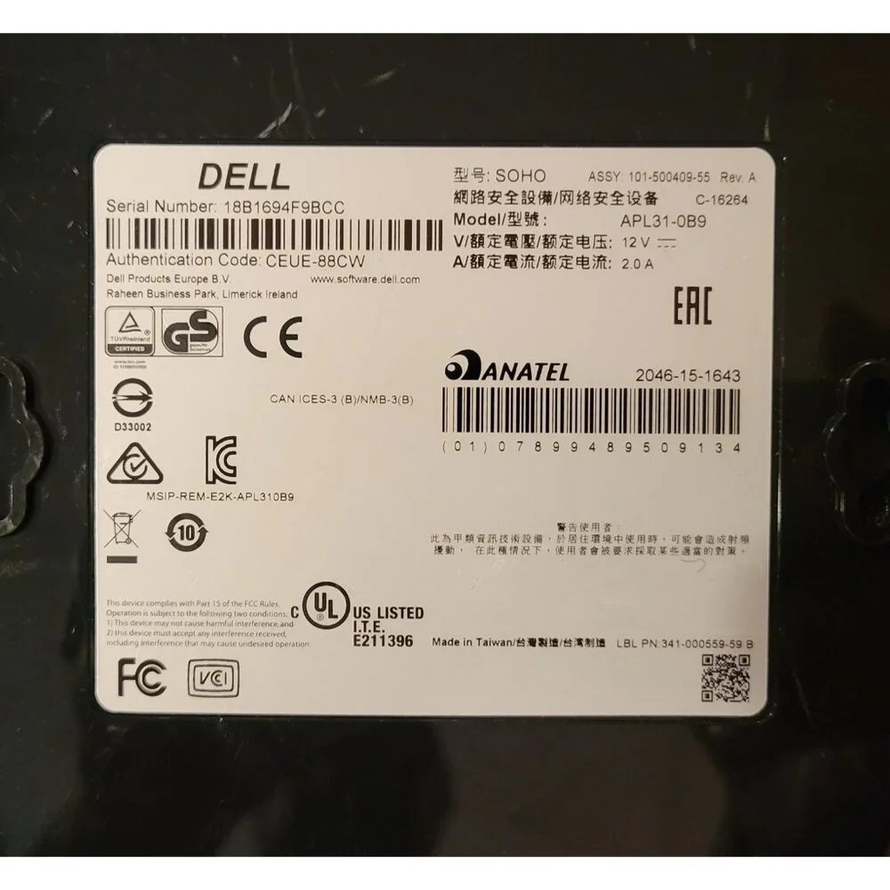 DELL Sonic Wall Soho APL31-0B9 Network Security Firewall with Power Adapter